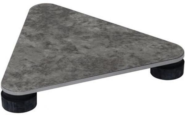 The image displays a triangular tabletop in a gray stone design. It has rounded corners and is supported by two black legs. The surface appears smooth and modern.