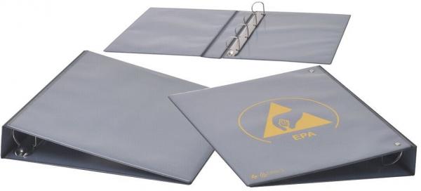 The image shows three gray folders. One is open with rings in the center, the others are closed. On one folder, there is a yellow logo with a mountain symbol.