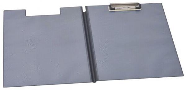 The image shows a gray folder that is open. It has a clip at the top for securing documents and is slightly rounded at the sides. The folder is made of sturdy material.