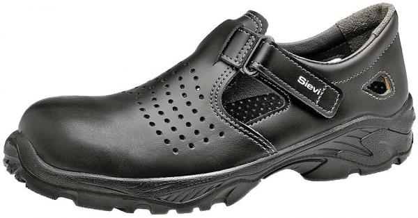 The shoe is black, has a closed design with a strap buckle and breathable cutouts. The sole is sturdy and has a deep tread for better grip.