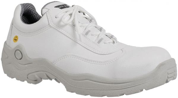 Das Bild zeigt einen weißen, sportlichen Schuh mit einer glatten Oberfläche und Schnürsenkeln. Die Sohle ist hell und leicht profiliert, mit einem grauen Innenfutter.