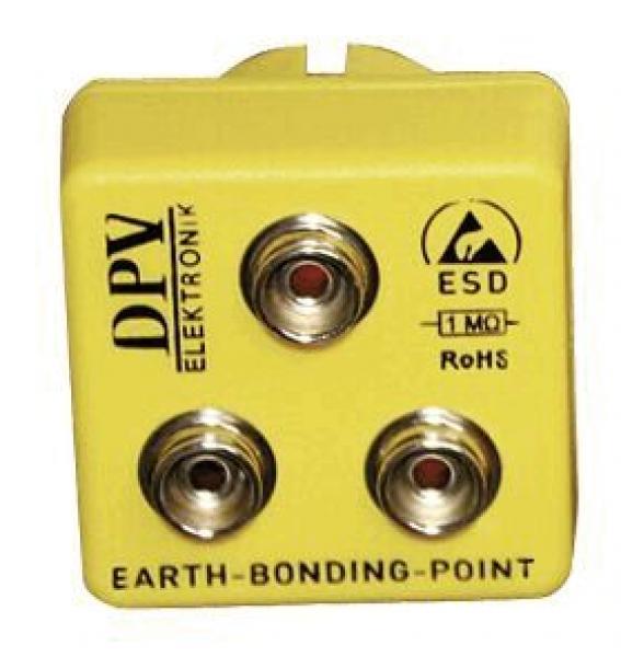 The image shows a yellow box with three round, silver connectors. On the front are the words "DPV ELEKTRONIK" and "EARTH-BONDING-POINT" as well as symbols for ESD and RoHS visible.