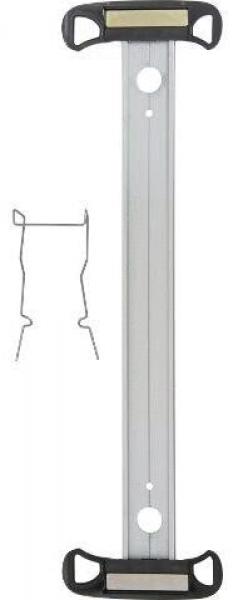 The image shows a long, flat aluminum handle with two black ends. Next to the handle are two small metal clips. The handle has two holes in the center.