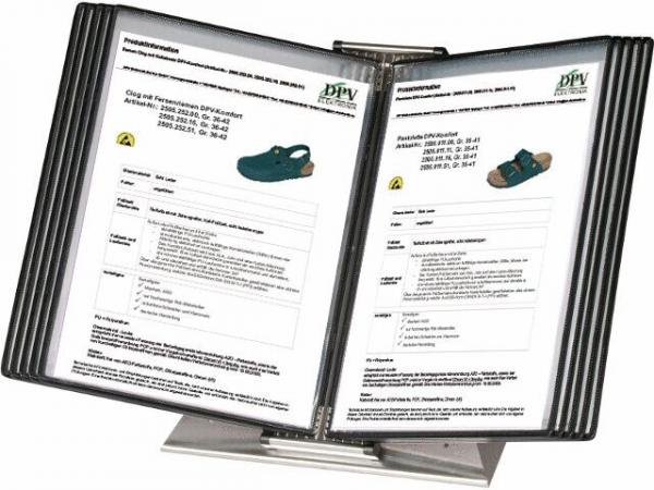 Das Bild zeigt einen aufgestellten Prospektständer mit zwei Seiten. Jede Seite enthält Dokumente, die Informationen über Schuhe bereitstellen, inklusive Bildern und technischen Details.