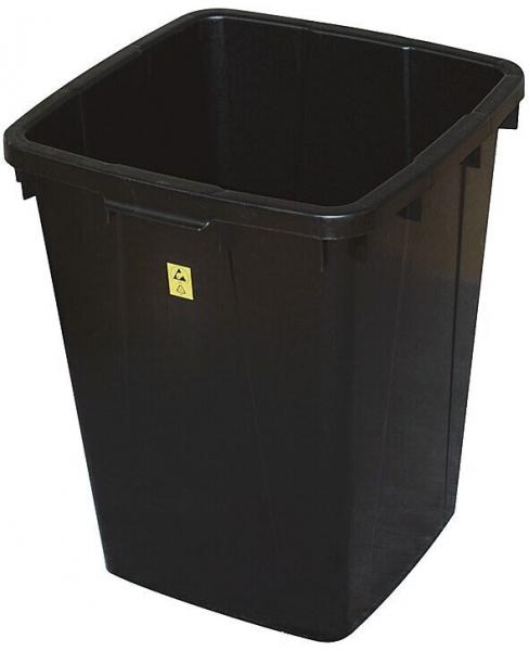 The image shows a rectangular, black trash can without a lid. It has grippy side walls and a yellow warning marking on the front. The edges are slightly rounded.