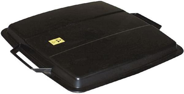 The image shows a flat, rectangular black lid with two side handles. On the top is a yellow symbol indicating how to handle it.