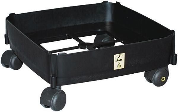The image shows a black, square rolling cart with four movable wheels. The cart has a flat, rectangular shape and is made of one piece of plastic. There is a symbol on one side.