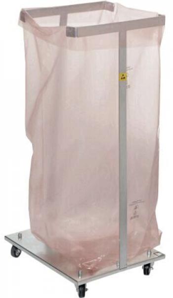 The image shows a trash collector with a metal frame and a transparent, pink net. It stands on a square base with wheels, making it movable.