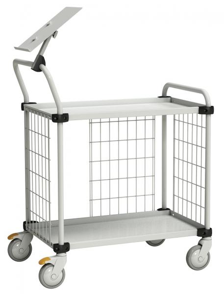 The image shows a white serving cart with two shelves. It has a grid design and four casters, which allow for easy movement. One of the upper shelves is tiltable.