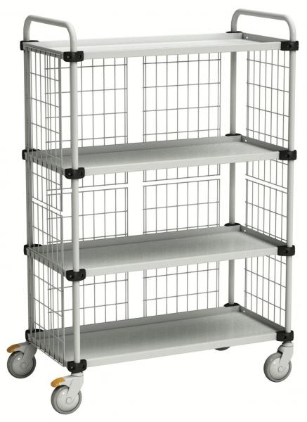 The image shows a mobile metal cart with four shelves. It has a gray metal structure, is mounted on casters, and has mesh sides. It is suitable for storing and transporting items.