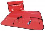 Preview: The image displays a red field service kit. It is laid out open, with a pouch on top and various tools underneath, including a cable and several attachments.