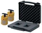 Preview: The image shows a black suitcase with foam inserts and two yellow weights next to it. The suitcase has a handle and is designed for the safe transport of the weights.