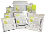 Preview: The image displays an arrangement of various containers with chemicals. These include cans, bags, and a bucket, all in different sizes, with labels that contain warning symbols and information.