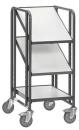Preview: The image shows a three-tier shelving system on four wheels. It has a metallic structure that is colored in black, and the shelves are arranged at an angle.