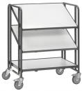 Preview: The image shows a mobile serving cart with three tilted shelves. The cart has a metal structure and four casters, which allow for easy movement.