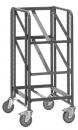 Preview: The image shows a tall, open cart made of metal with four wheels. It has three shelves supported by struts. The cart is sturdy and suitable for transporting items.