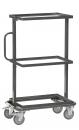 Preview: The image shows a black serving cart with three open shelves. It has a sturdy frame and four casters for easy movement. A handle is attached on the side.