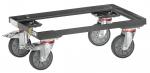 Preview: The image shows a sturdy metal transport dolly with four large, swivel wheels. The frame is rectangular and has practical attachments at the corners.