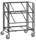 Preview: The image shows an open, rectangular cart with four wheels. It has two side handles, three shelves at different heights, and a sturdy structure made of black metal.