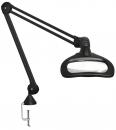 Preview: The image shows a black magnifying lamp with a long, flexible arm. It is attached to a table and has a large, oval lens for magnifying objects.