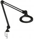 Preview: The image shows a black magnifying lamp with a flexible arm. The lamp has a round lens and a clamp attachment to secure it to a table.