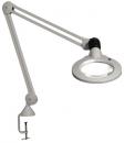 Preview: The image shows a swivel magnifying glass with integrated light. It has a white, flexible arm and a clamp for attaching to a table. The lens is round and magnifies objects.