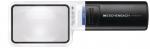 Preview: The image displays a handy magnifying glass with a rectangular glass element and a black handle. The lens is large and clear, the handle features a switch and a logo.