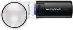 Preview: The image displays a large hand-held magnifying glass with a round, clear lens on the left side. The handle is black, and below it, there is a blue switch with an LED light.