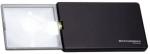 Preview: The image shows a black, flat reading magnifier with a transparent magnifying glass on one side. The magnifier is lightweight and portable, with an integrated light source.