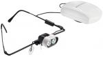 Preview: The image shows a special pair of glasses with two small, bright LED lights at the front. Attached to a cable is a white control unit. The glasses have black arms.