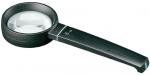 Preview: The image shows a magnifying glass with a large, round lens. The handle is black and slightly oval, with the magnifying glass positioned on the left side. It is used for enlarging text or details.