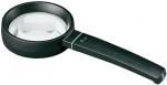 Preview: The image shows a black magnifying glass with a round, transparent lens and a long handle. The lens is slightly curved and magnifies objects beneath it.