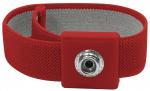 Preview: Das Bild zeigt ein rotes Armband aus Netzmaterial mit einem quadratischen, grauen Verschluss. Der Verschluss hat eine silberne, runde Druckknopf-Optik in der Mitte.