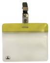 Preview: The image shows a transparent plastic cover for IDs. It has a yellow border at the top and a clip for attachment. The cover is designed to be simple and functional.