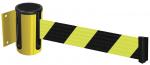 Preview: The image shows a security barrier with a yellow, horizontal band that is marked with black stripes. The band mechanism is mounted on a wall and can be rolled out.