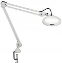 Preview: The image shows a white desk lamp with a flexible arm and a large round lens. It is attached to the desk with a clamp and provides bright light for precise tasks.