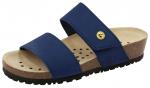 Preview: The image shows a blue sandal with two wide straps and a thick, light sole. The sole has small holes for ventilation. The underside is black and non-slip.