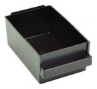 Preview: The image shows a rectangular, black plastic box without a lid. It has smooth walls and a flat bottom. One side features a small indentation that serves as a handle.