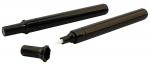 Preview: In the picture, there are two black markers. One of the markers is open, the other closed. The tips are white and round. The markers have a slim shape.
