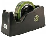 Preview: The image displays a black tape dispenser with a transparent roll. The roll features green and black patterns. The dispenser has a slight, curved shape and is placed on a smooth surface.