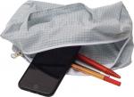 Preview: The picture shows a gray pencil case with a plaid pattern. It is open and contains a black cell phone as well as two pens, one red and one orange.
