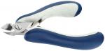 Preview: The image shows a nail scissors with a short, curved metal blade. The handles are ergonomically shaped and feature blue and white plastic. They are non-slip and easy to hold.