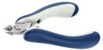 Preview: The image shows a nail scissors with a blue, rubberized handle. The blades are made of metal and are pointed. The scissors are slightly curved and have a screw in the middle for adjustment.