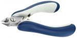 Preview: In the picture, there is a nail scissors. It features curved, metallic blades and ergonomic, grippy plastic levers in blue and white. Ideal for precise cutting.