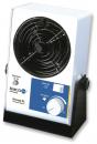 Preview: The image shows a small fan in white and black. It has a round grille, a rotary knob for speed adjustment, and a flat, rectangular base.