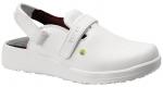 Preview: The shoe is a white clog with an open heel area and an adjustable strap. The sole is thick and slip-resistant, the interior is padded for comfort.