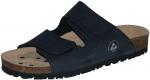 Preview: The image shows a dark blue sandal with two wide Velcro straps. The insole is beige with small holes, the sole is black and textured for good grip.