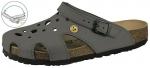 Preview: Das Bild zeigt einen grauen Clog-Sandalen. Er hat mehrere Belüftungslöcher, eine verstellbare Riemen mit Schnalle und eine ergonomische Sohle aus Kork, für Komfort und Unterstützung.