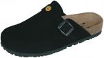 Preview: Das Bild zeigt einen schwarzen Clog-Schuh aus weichem Material. Er hat eine breite, offene Vorderseite und eine Schnalle an der Seite. Die Sohle ist profiliert und bietet guten Halt.
