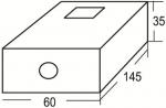 Preview: Das Bild zeigt eine rechteckige Box mit den Maßen 145 mm Länge, 60 mm Breite und 35 mm Höhe. Oben ist ein kleiner quadratischer Ausschnitt und vorne ein runder.